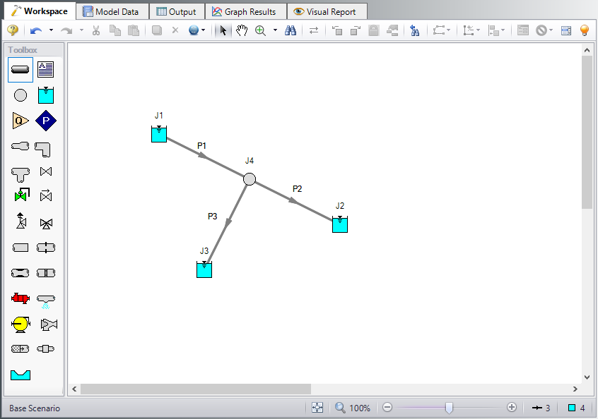 The Workspace for the Three Reservoir example with all objects connected.